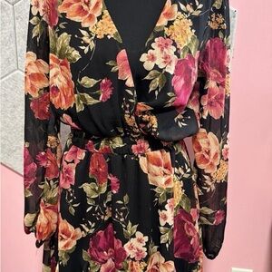 miami Black Floral V-Neck Long Sleeve Dress with Pink and Orange Blooms
